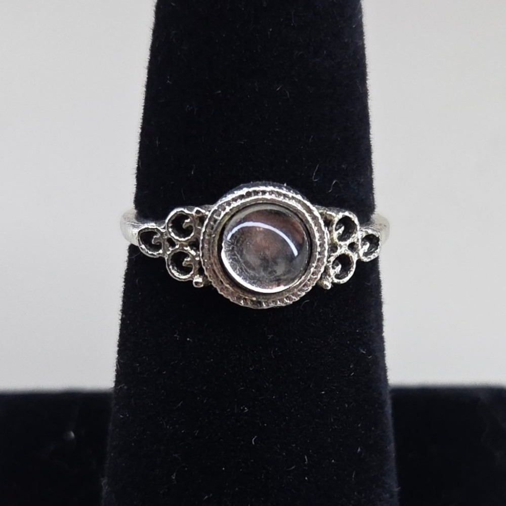 Vintage Silver Tone Filigree Cabochon Ring Smoky Grey Cat‎ Eye Stone Boho Gothic